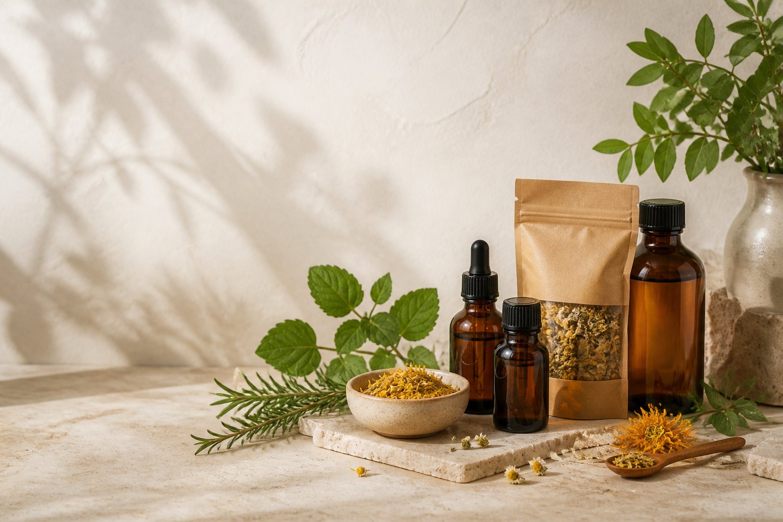 Botanické produkty v jantarovém skle, bylinky a čaj na světlém podkladu